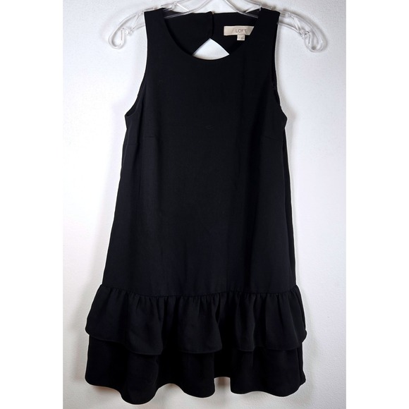 LOFT‎ Black Sleeveless Ruffle Hem Mini Dress Cutout Back Ruffles Shift Petite 0P - Picture 1 of 6